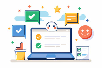 laptop smiling thumbs up icons confetti