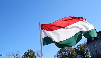Hungarian flag waving against a clear blue sky outdoors  
