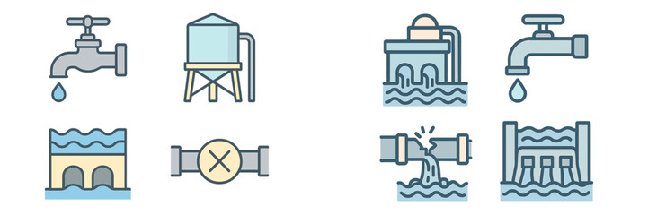 Icons representing water management systems including taps, tanks, and pipelines illustrating various water supply elements