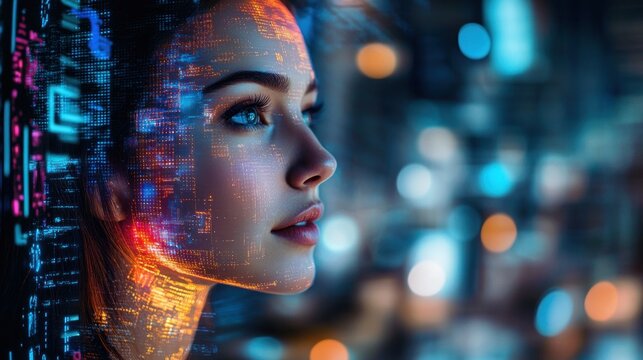 Artificial intelligence concept with a futuristic female face and binary code