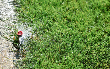 automatic sprinkler watering the lush green lawn