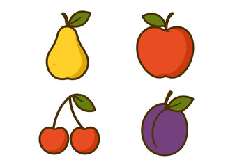Colorful collection of fruit illustrations featuring pear, apple, cherries, and plum on a clean white background