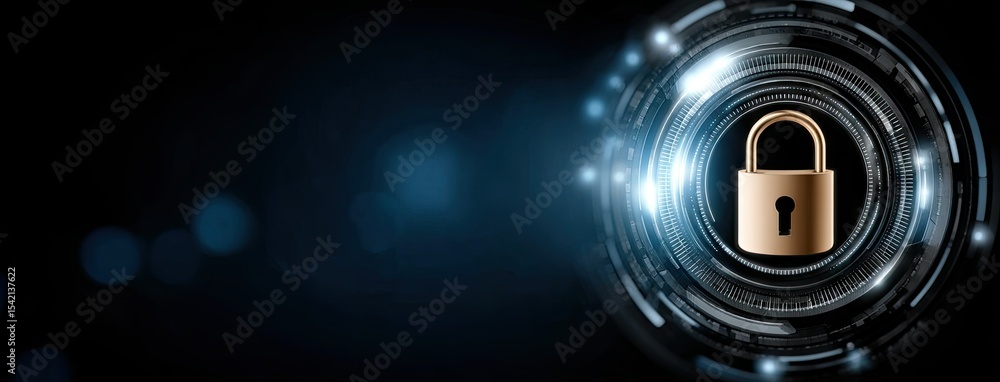 Poster abstract futuristic blue background featuring a security lock concept for data protection in a cyber
