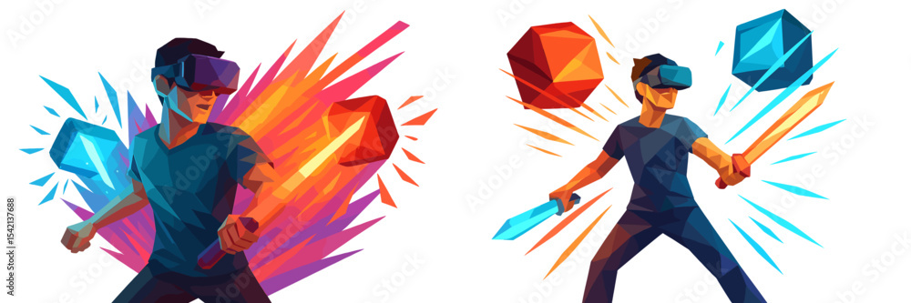 Poster virtual reality gaming session with vibrant graphics and engaging character actions