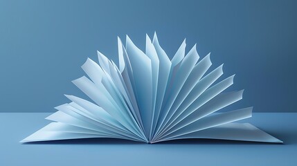 Light blue book pages fanned out on a muted blue surface.