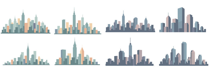 Obraz premium City skyline silhouettes featuring diverse architectural styles at dusk or dawn