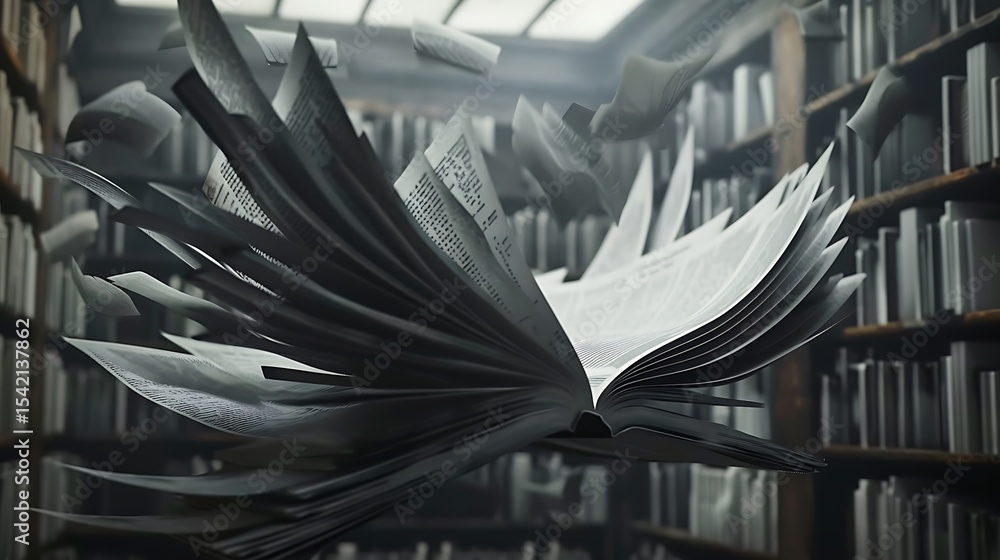 Poster open book with pages flying in a library setting.