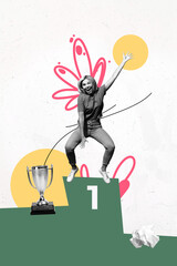 Creative artwork template sketch image 3D collage of young lady winner stand pedestal goblet...