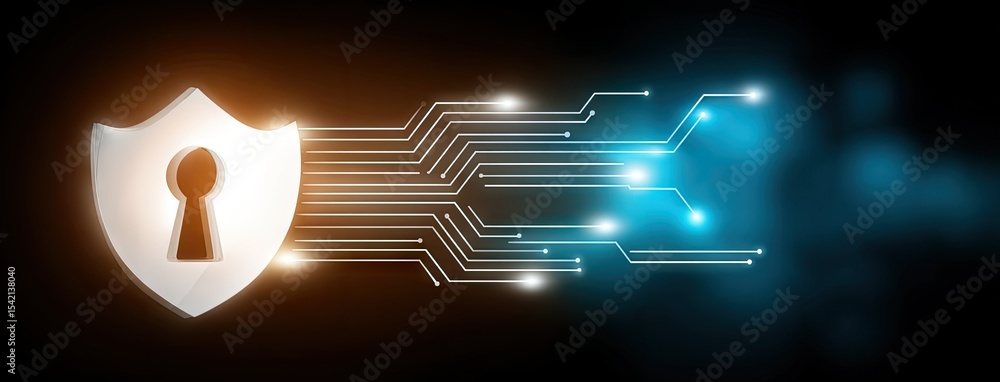 Poster cyber security shield with keyhole on blue circuit board background emphasizing online protection an