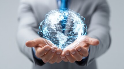 A businessman holds a glowing digital globe representing global connection and innovation in technology.