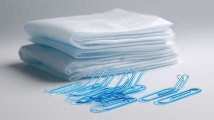 A clean stack of white napkins with blue paper clips elegantly arranged on a minimalist background.