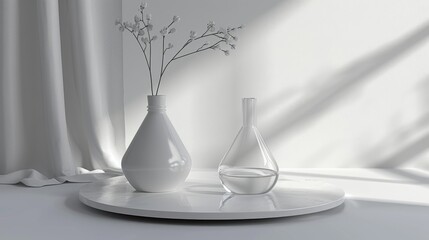 3d render of scientific skincare podium display featuring glass flask and laboratory materials