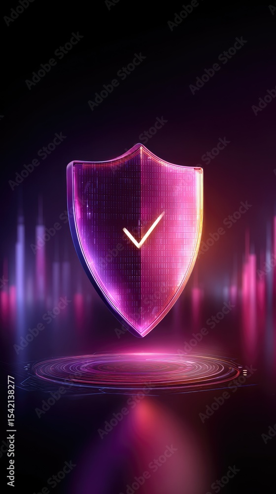 Poster futuristic abstract security design featuring blue shield and lock symbol with elements in a white a