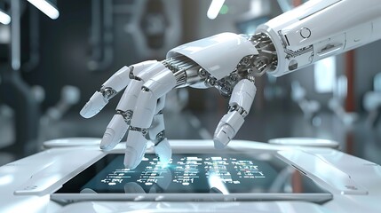 A robot hand interacts with a digital tablet.