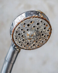 Close-up of rusty and calcified shower head