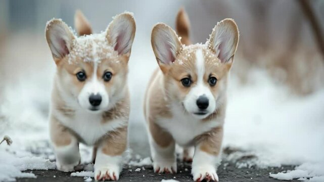 Two baby corgis play in snow.