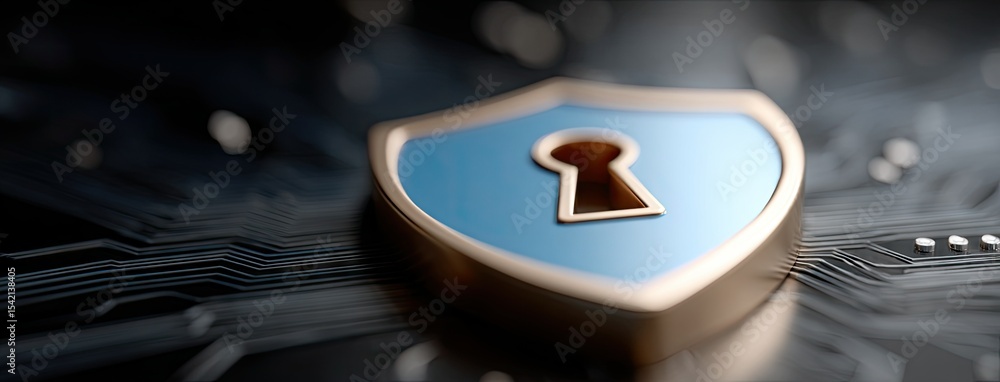 Poster cyber security shield with keyhole on blue circuit board background emphasizing online protection an