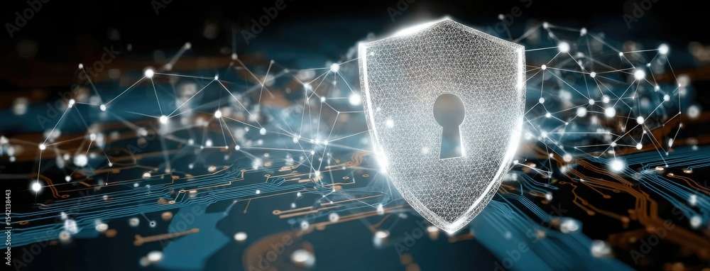 Poster cyber security shield with keyhole on blue circuit board background emphasizing online protection an
