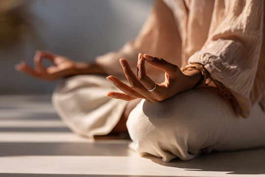 Soft natural light highlights hands in a meditation pose, creating a serene atmosphere for mindfulness and relaxation