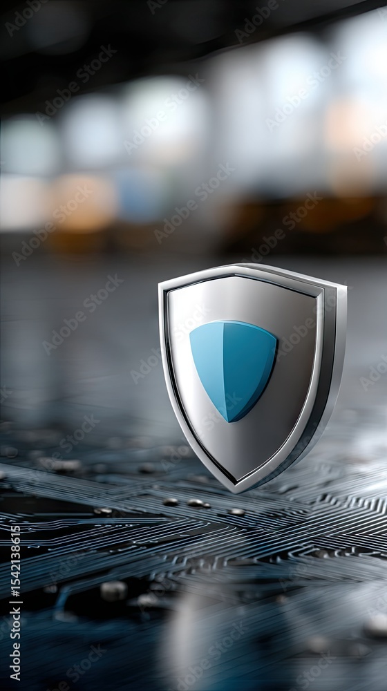 Poster cyber security shield with keyhole on blue circuit board background emphasizing online protection an