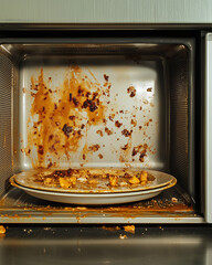 Dirty microwave interior with food splatter and plate