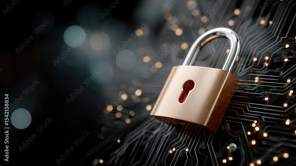 Poster locked symbol on blue circuit board background represents cybersecurity concept in modern technology
