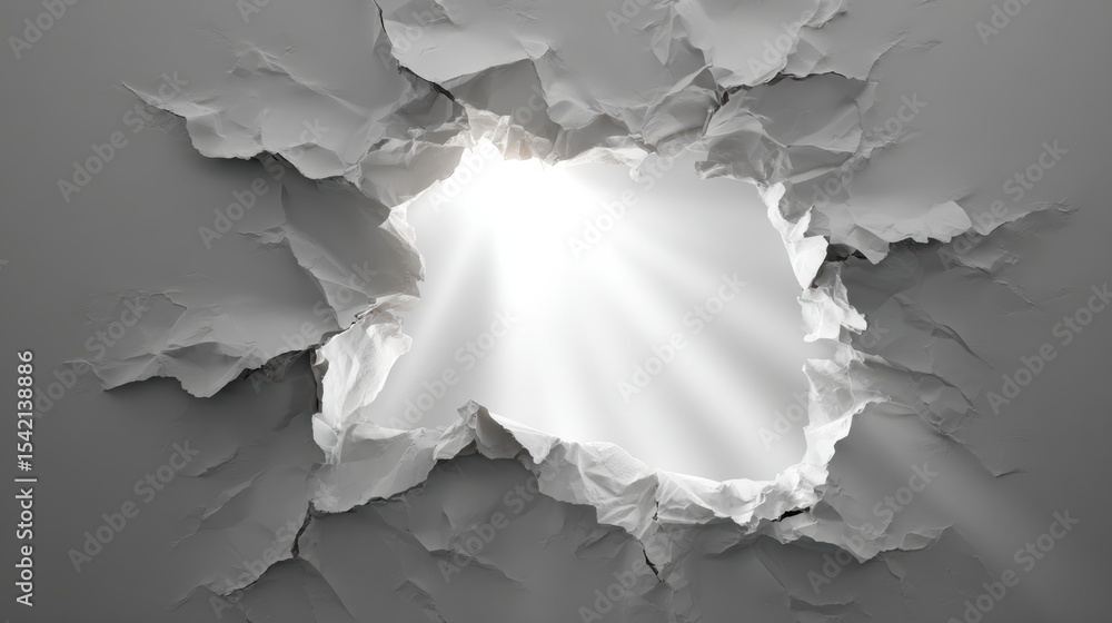 Poster a dramatic paper tear revealing bright light, creating an effect of depth and intrigue in the design