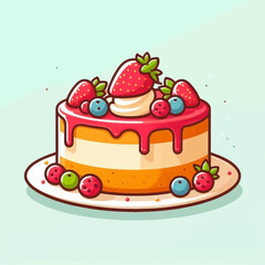 Cartoonstyle cake with strawberries berries and frosting on a white plate