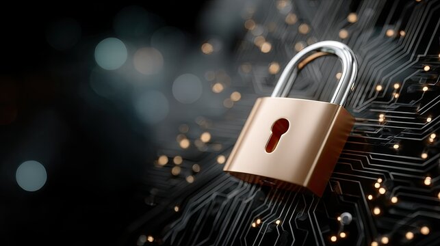 Locked symbol on blue circuit board background represents cybersecurity concept in modern technology design for digital security applications