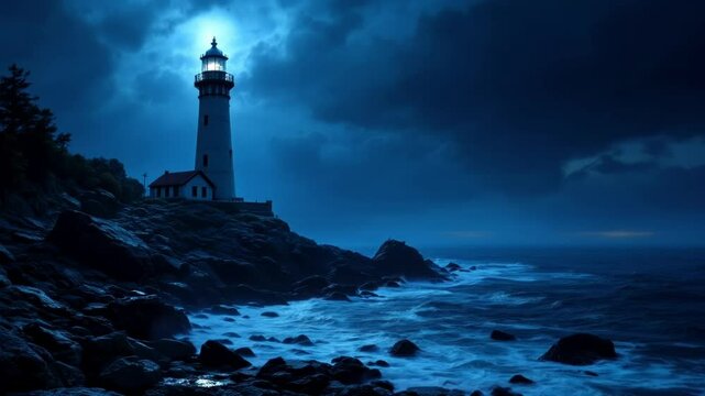 Lonely lighthouse stormy night ocean waves
