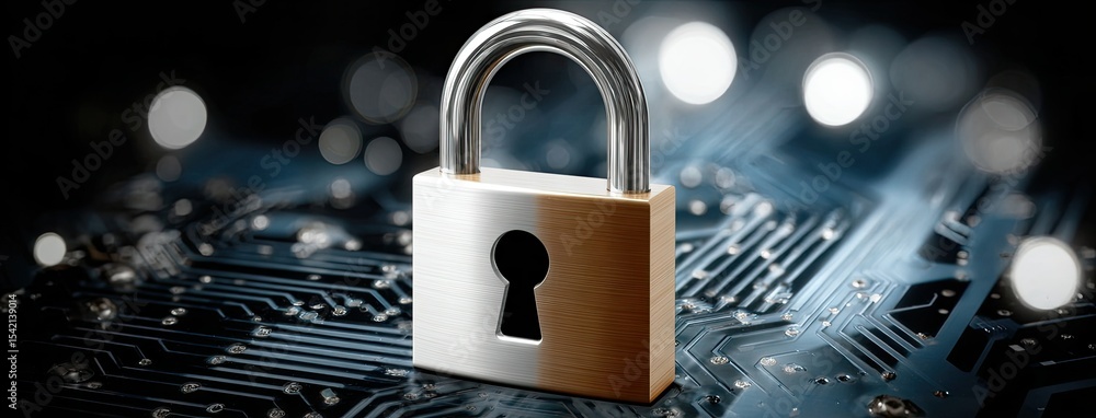 Poster locked symbol on blue circuit board background represents cybersecurity concept in modern technology