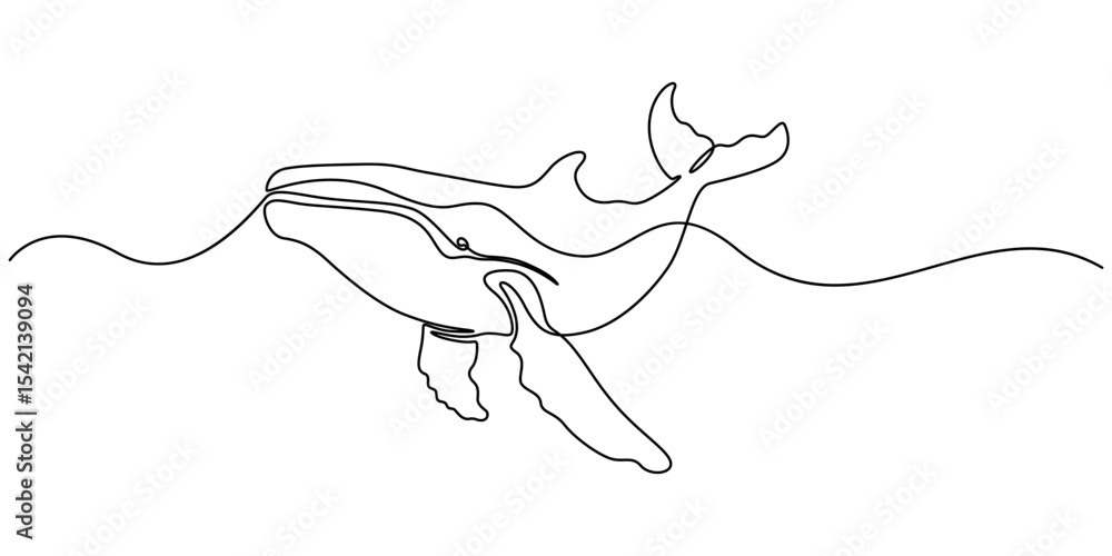 Poster continuous single drawn one line drawing of whale. vector illustration, continuous one line drawing 