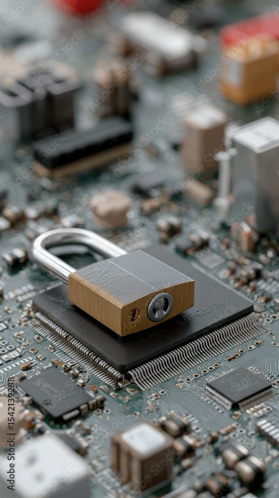 Poster locked symbol on blue circuit board background represents cybersecurity concept in modern technology