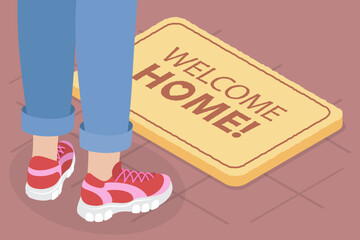 3D Isometric Flat Vector Illustration of Welcoming Front Door Mat, Home Rug On Apartment Entrance