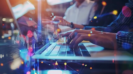 Hands typing on a laptop with overlaying data visualizations.