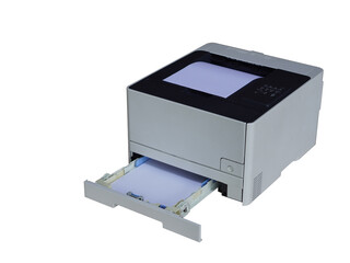 top view white and black laser printer on white background, lower paper input tray, object, decor, fashion, copy space