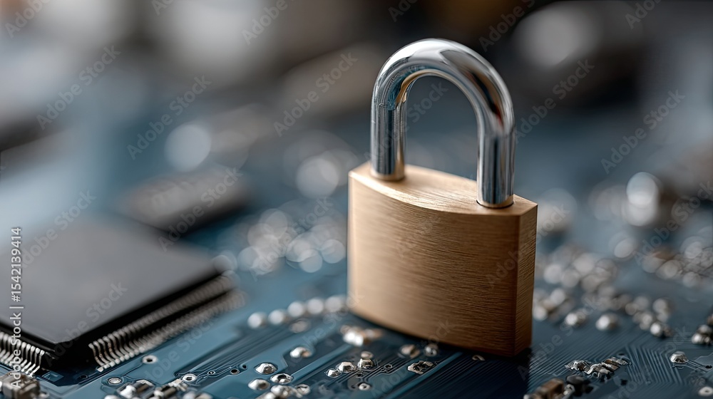 Poster locked symbol on blue circuit board background represents cybersecurity concept in modern technology