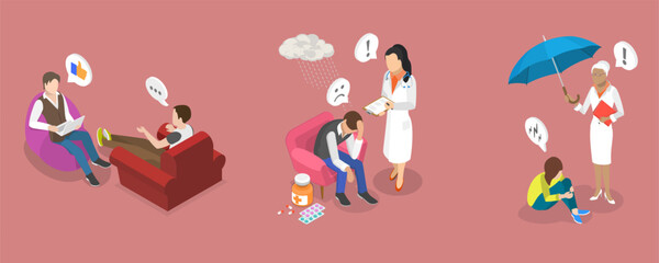 3D Isometric Flat Vector Illustration of Psychologist Talking with Patient, Depicting Mental Health Conditions