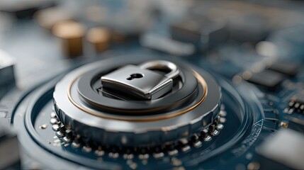 Locked symbol on blue circuit board background represents cybersecurity concept in modern technology design for digital security applications