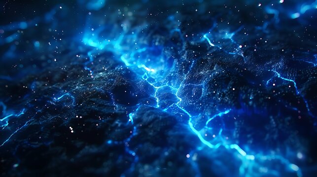Abstract digital landscape with vibrant blue energy patterns.