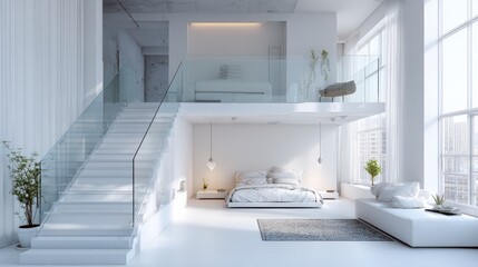 A modern, minimalist bedroom with large windows and an open layout, showcasing sleek design and natural light.