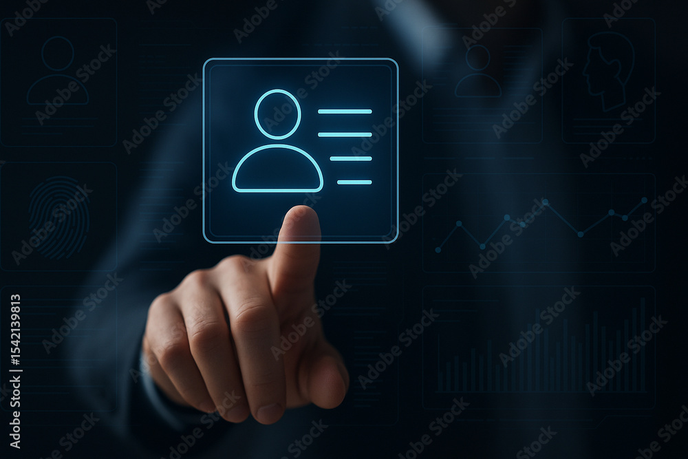 Poster futuristic user interface with glowing blue profile and ledger icon being accessed by human finger i