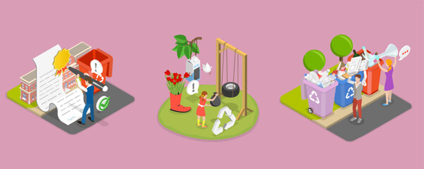 3D Isometric Flat Vector Illustration of Garbage Collection and Sorting, Waste Collection And Recycling Issues