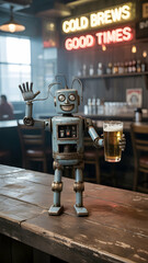 Robot at the bar drinking beer ai generated image for technology and fun concept and vintage design style