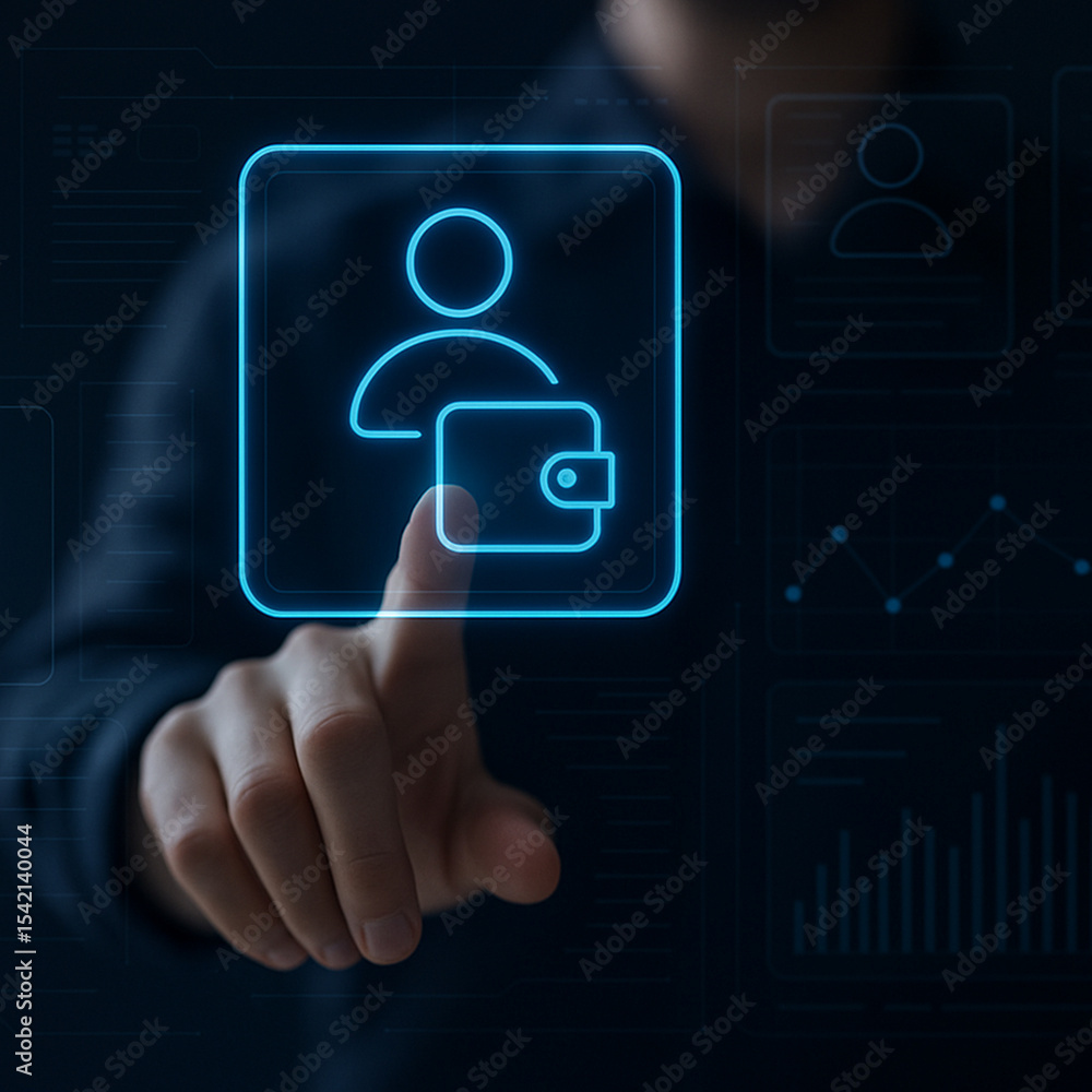 Poster businessman touching digital profile crypto wallet interface with holographic technology for secure 