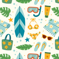 Pattern of summer beach set. Flat hand drawn illustration. Palm trees, shells, swimsuit, tropical leaves, surfing, sand, bag, sunscrin. Perfect for packaging, textiles, backgrounds, cards, print