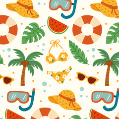 Pattern of summer beach set. Flat hand drawn illustration. Palm trees, shells swimsuit, tropical leaves, hat, sunglasses, bag, flip flops. Perfect for packaging, textiles, backgrounds, cards, prints.