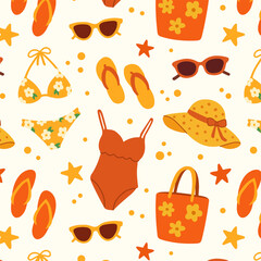 Pattern of summer beach set. Flat hand drawn illustration. Palm trees, shells, swimsuit, tropical leaves, hat, sunglasses, bag, flip flops. Perfect for packaging, textiles, backgrounds, cards, prints.
