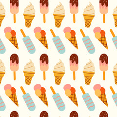 Ice cream summer seamless pattern. Ice cream balls in cup, ice cream in cone, ice cream on a stick. Flat hand drawn illustration. Perfect for packaging, textiles, backgrounds, cards, prints.
