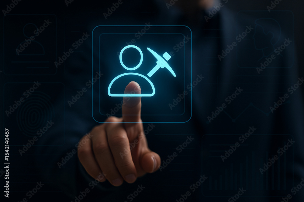 Poster futuristic profile mining icon glowing on digital interface, person touching holographic screen, dat
